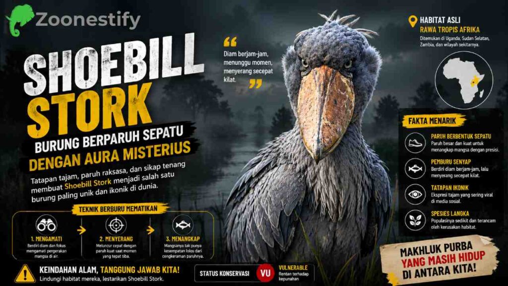 Shoebill Stork, Burung Berparuh Sepatu yang Viral karena Tatapan Tajam dan Aura Misteriusnya